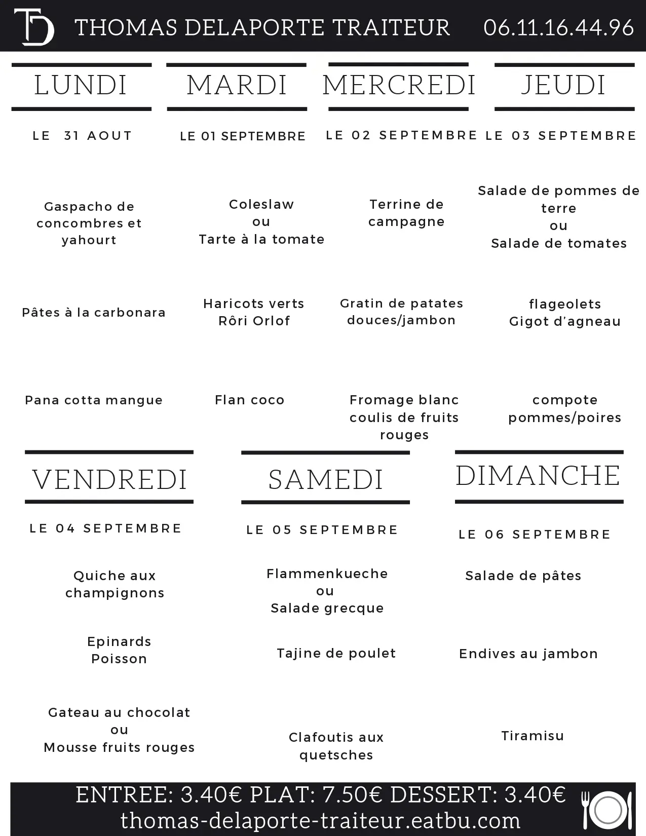 Menus portage de la semaine de Thomas Delaporte Traiteur